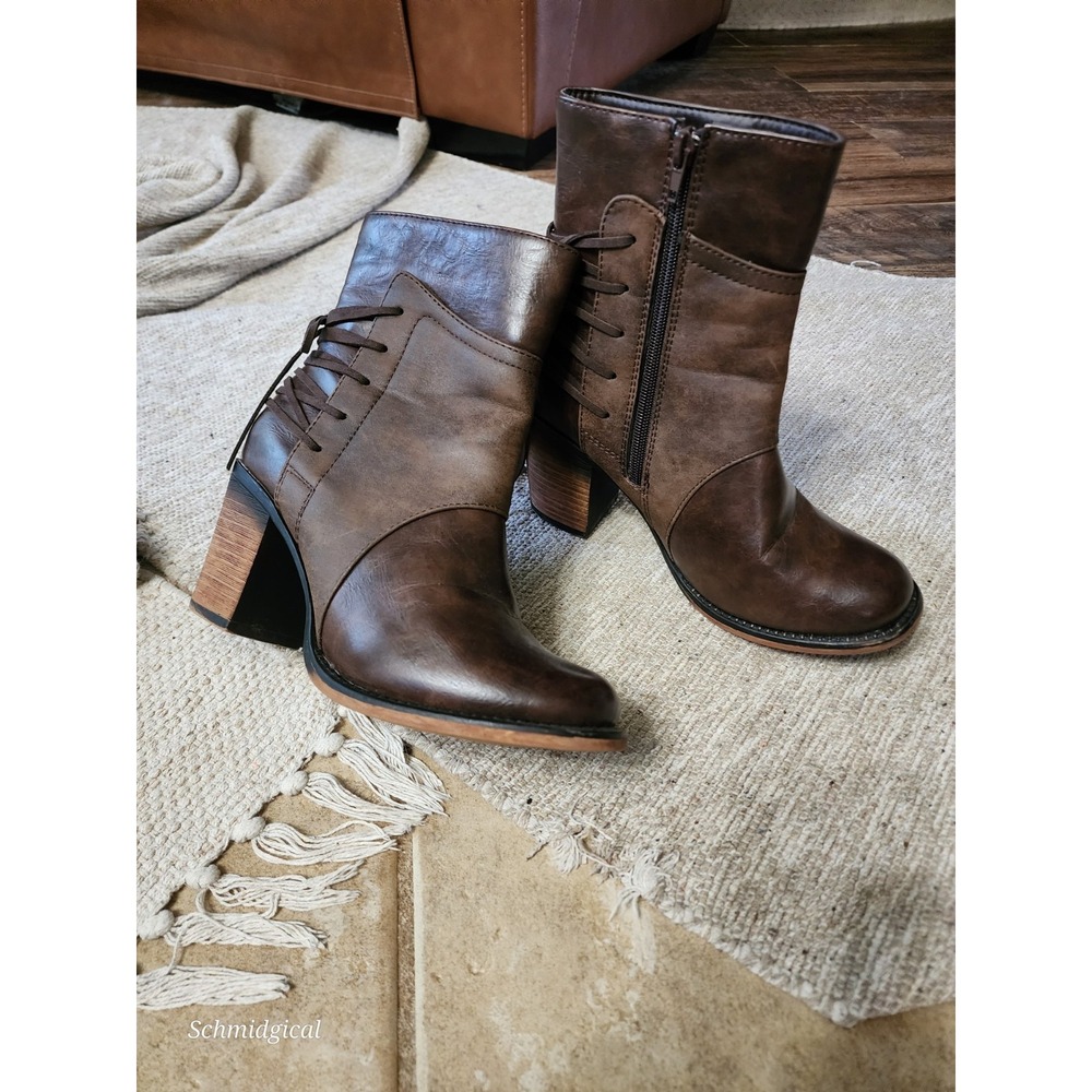 Pierre Dumas Ravenna Brown Tan Chunky Heel Lace Up Ankle Boots Sz 8 1/2 Boho